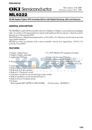 ML9222GA datasheet - 32-Bit Duplex/Triplex VFD Controller/Driver with Digital Dimming, ADC and Keyscan