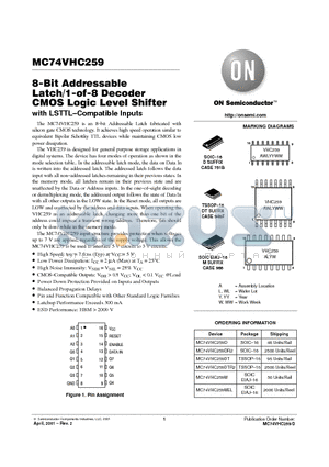 MC74VHC259 datasheet - 8-Bit Addressable Latch/1-of-8 Decoder CMOS Logic Level Shifter