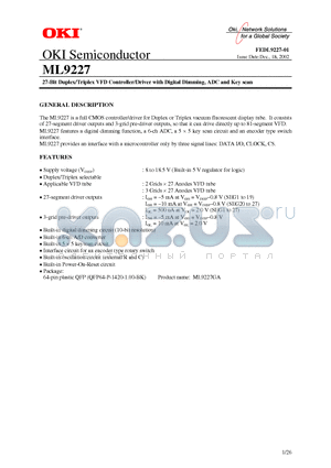 ML9227GA datasheet - 27-Bit Duplex/Triplex VFD Controller/Driver with Digital Dimming, ADC and Key scan