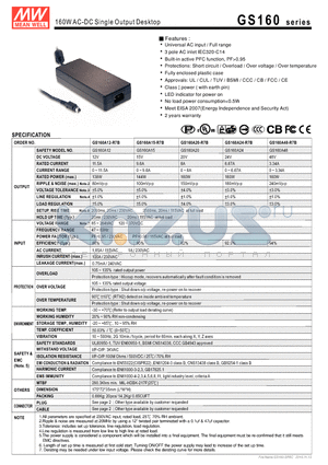 GS160A48-R7B datasheet - 160WAC-DC Single Output Desktop