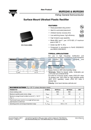 MURS240-E3/52T datasheet - Surface Mount Ultrafast Plastic Rectifier