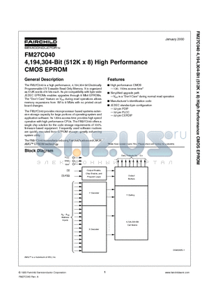 FM27C040V120 datasheet - 4,194,304-Bit 512K x 8 High Performance CMOS EPROM