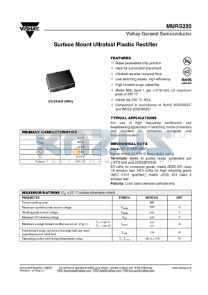 MURS320 datasheet - Surface Mount Ultrafast Plastic Rectifier
