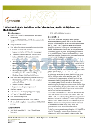 GS1582 datasheet - Multi-Rate Serializer with Cable Driver, Audio Multiplexer and ClockCleaner