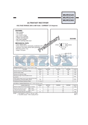 MURS340 datasheet - ULTRAFAST RECTIFIER VOLTAGE RANGE 200 to 600 Volts CURRENT 3.0 Amperes