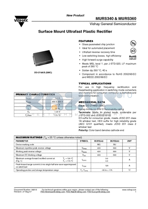 MURS340-E3/9AT datasheet - Surface Mount Ultrafast Plastic Rectifier