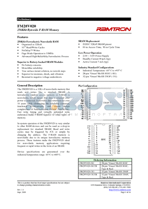 FM28V020 datasheet - 256Kbit Bytewide F-RAM Memory