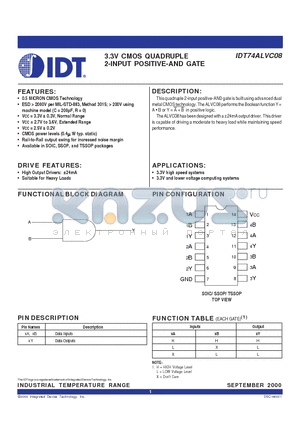 IDT74ALVC08DC datasheet - 3.3V CMOS QUADRUPLE 2-INPUT POSITIVE-AND GATE