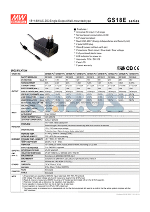 GS18E07 datasheet - 15~18WAC-DC Single Output Wall-mounted type
