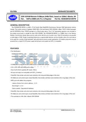 HDD64M72D18RPW datasheet - DDR SDRAM Module 512Mbyte (64Mx72bit), based on 32Mx8, 4Banks, 8K Ref., 184Pin-DIMM with PLL & Register