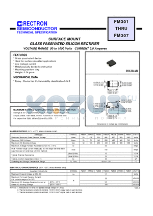 FM302 datasheet - SURFACE MOUNT GLASS PASSIVATED SILICON RECTIFIER (VOLTAGE RANGE 50 to 1000 Volts CURRENT 3.0 Amperes)