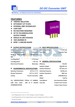 MUS-1203.3 datasheet - DC-DC Converter UNIT 1 W UNREGULATED DC-DC CONVERTER