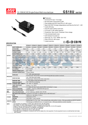 GS18U03-P1J datasheet - 10~18WAC-DC Single Output Wall-mounted type
