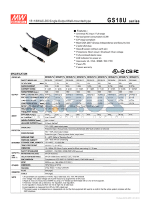 GS18U05 datasheet - 15~18WAC-DC Single Output Wall-mounted type