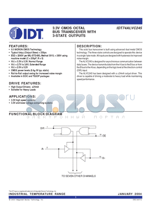 IDT74ALVC245PG datasheet - 3.3V CMOS OCTAL BUS TRANSCEIVER WITH 3-STATE OUTPUTS
