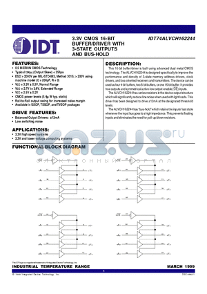 IDT74ALVCH162244 datasheet - 3.3V CMOS 16-BIT BUFFER/DRIVER WITH 3-STATE OUTPUTS AND BUS-HOLD