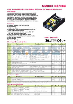 MUU60 datasheet - 63W U-bracket Switching Power Supplies For Medical Equipment.