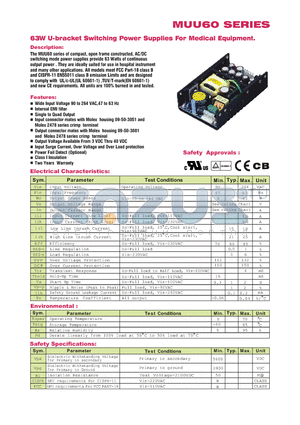 MUU60-110 datasheet - 63W U-bracket Switching Power Supplies For Medical Equipment.