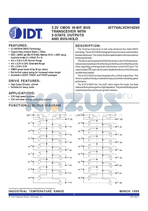 IDT74ALVCH16245PA datasheet - 3.3V CMOS 16-BIT BUS TRANSCEIVER WITH 3-STATE OUTPUTS AND BUS-HOLD