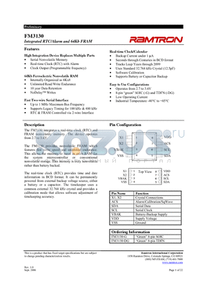 FM3130 datasheet - Integrated RTC/Alarm and 64Kb FRAM