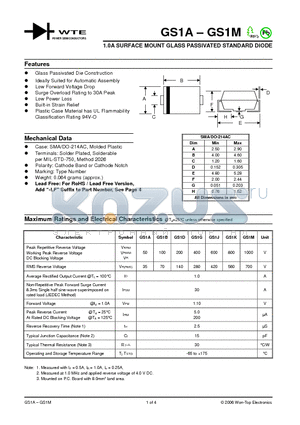 GS1A-T3 datasheet - 1.0A SURFACE MOUNT GLASS PASSIVATED STANDARD DIODE