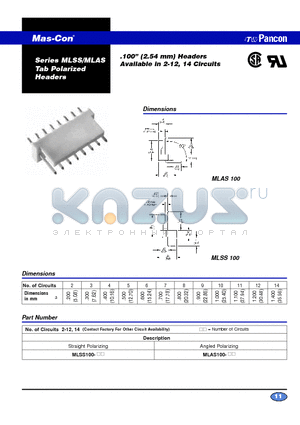 MLAS100 datasheet - (2.54 mm) Headers Available in 2-12, 14 Circuits