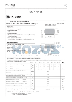 GS1B datasheet - SURFACE MOUNT RECTIFIER(VOLTAGE- 50 to 1000 Volts CURRENT - 1.0 Ampere)