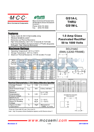 GS1B-L datasheet - 1.0 Amp Glass Passivated Rectifier 50 to 1000 Volts