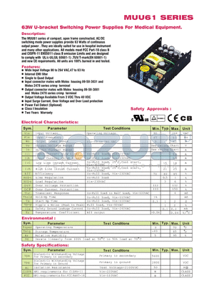 MUU61-102 datasheet - 63W U-bracket Switching Power Supplies For Medical Equipment.