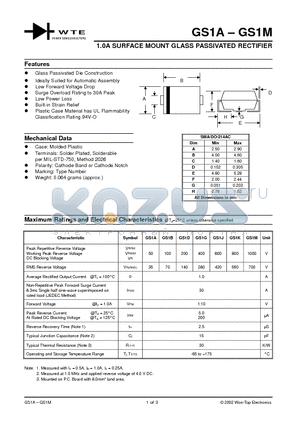 GS1B-T3 datasheet - 1.0A SURFACE MOUNT GLASS PASSIVATED RECTIFIER