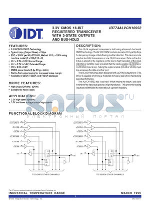 IDT74ALVCH16952 datasheet - 3.3V CMOS 16-BIT REGISTERED TRANSCEIVER WITH 3-STATE OUTPUTS AND BUS-HOLD