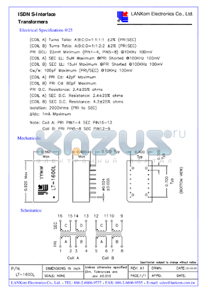 LT-1600L datasheet - ISDN S-Interface Transformers