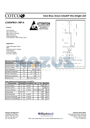 LC503PBG1-30P-A datasheet - 5mm Blue−Green InGaAlP Ultra Bright LED