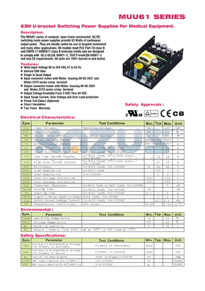 MUU61-107 datasheet - 63W U-bracket Switching Power Supplies For Medical Equipment.