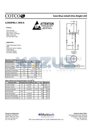 LC503PBL1-30Q-A datasheet - 5mm Blue InGaN Ultra Bright LED