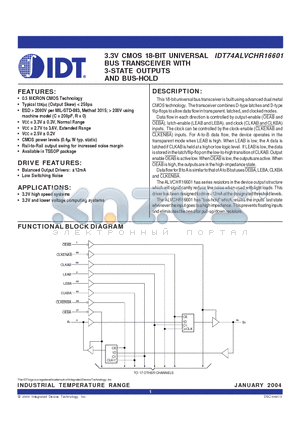IDT74ALVCHR16601 datasheet - 3.3V CMOS 18-BIT UNIVERSAL BUS TRANSCEIVER WITH 3-STATE OUTPUTS AND BUS-HOLD