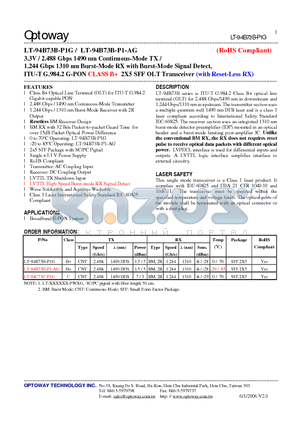LT-94C73C-P1G datasheet - 3.3V / 2.488 Gbps 1490 nm Continuous-Mode TX