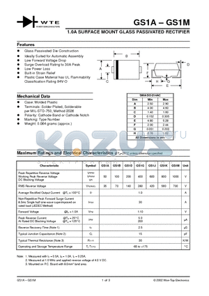 GS1D-T3 datasheet - 1.0A SURFACE MOUNT GLASS PASSIVATED RECTIFIER