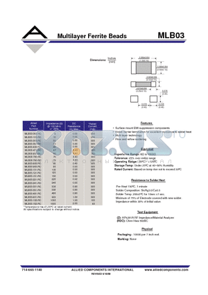 MLB03-331-RC datasheet - Multilayer Ferrite Bead s