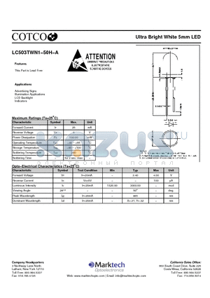 LC503TWN1-50H-A datasheet - Ultra Bright White 5mm LED