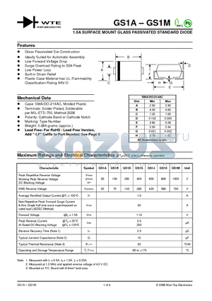 GS1J datasheet - 1.0A SURFACE MOUNT GLASS PASSIVATED STANDARD DIODE