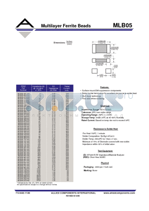 MLB05-250-RC datasheet - Multilayer Ferrite Bead s