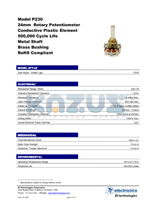 P230-1EA30CR100K datasheet - 24mm Rotary Potentiometer Conductive Plastic Element 500,000 Cycle Life Metal Shaft Brass Bushing RoHS Compliant