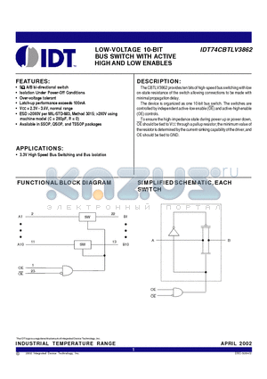 IDT74CBTLV3862Q datasheet - LOW-VOLTAGE 10-BIT BUS SWITCH WITH ACTIVE HIGH AND LOW ENABLES