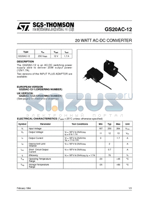 GS20AC-12 datasheet - 20 WATT AC-DC CONVERTER