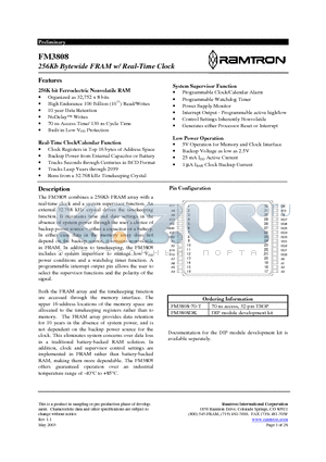 FM3808 datasheet - 256Kb Bytewide FRAM w/ Real-Time Clock