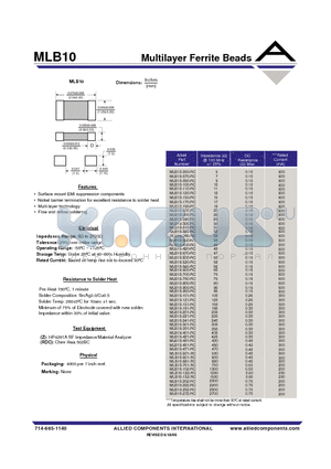 MLB10-280-RC datasheet - Multilayer Ferrite Beads