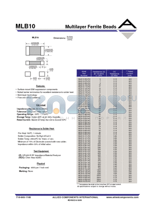 MLB10-331-RC datasheet - Multilayer Ferrite Beads