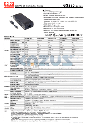 GS220A48-R7B datasheet - 220WAC-DC Single Output Desktop