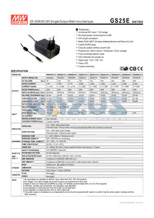 GS25E15 datasheet - 20~25WAC-DC Single Output Wall-mounted type